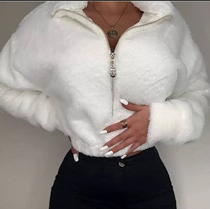 White faux fur crop jacket